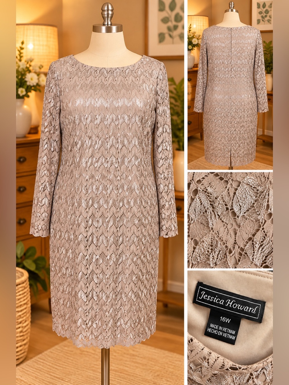 Jessica Howard Taupe Lace Long-Sleeve Sheath Dress